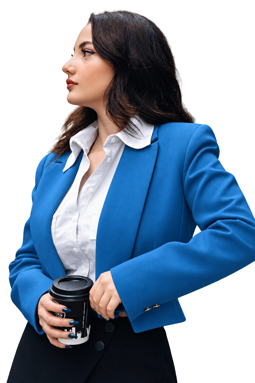 Woman in a blue blazer holding a coffee