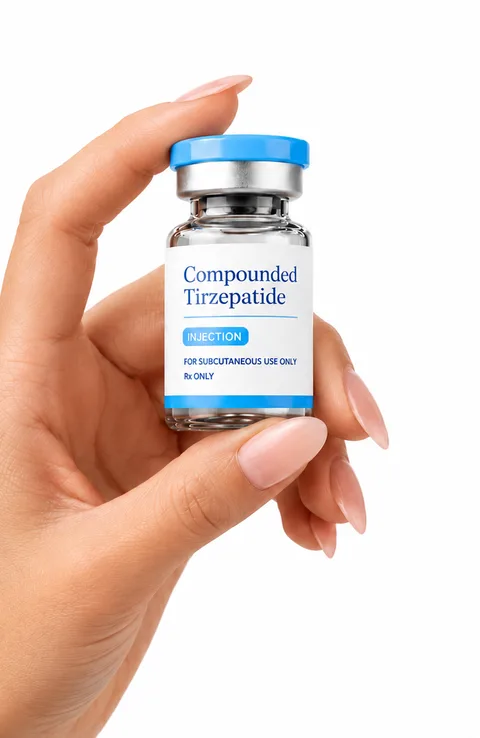 Hand holding a KERNX compounded Tirzepatide vial