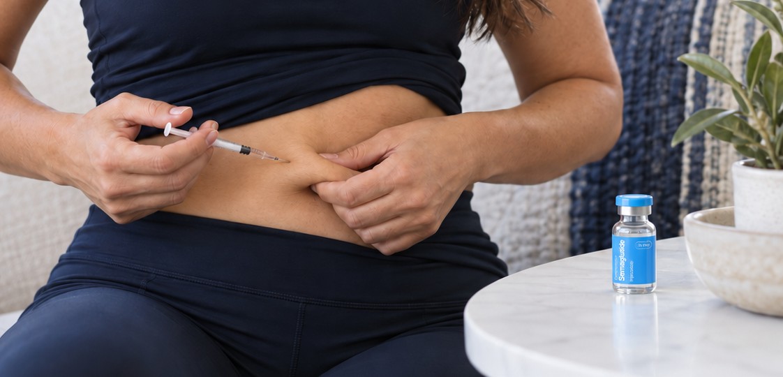 A woman giving herself a semaglutide injection in her abdomen, with a vial on the table beside her