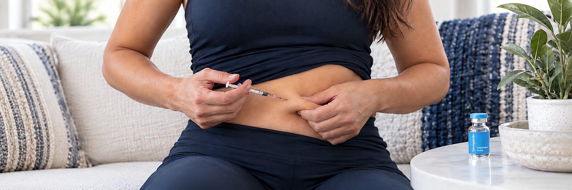 Una mujer aplicándose una inyección de semaglutida en el abdomen sentada en un sofá, con un vial en la mesa a su lado