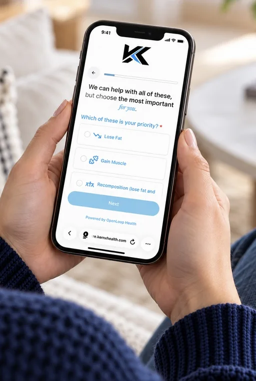 Mujer completando la evaluación de salud de KERNX en su teléfono